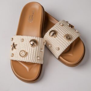 By The Shore Embellished Ivory Slide Sandals